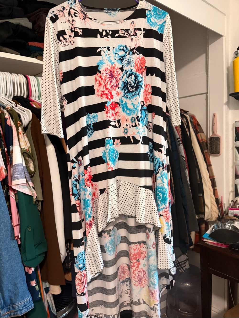 Striped Floral High-Low Tunic Top - Black White with Blue & Coral Flowers